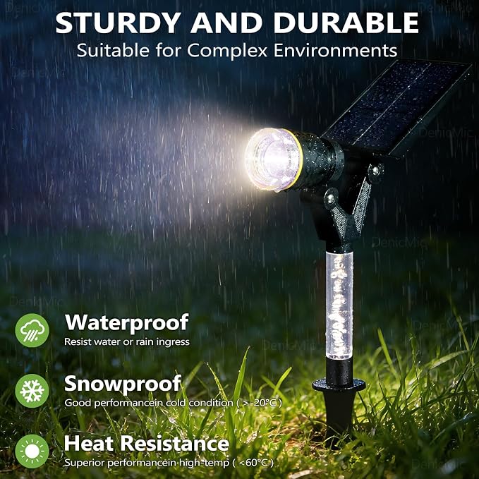 DenicMic Solar Spot Lights Outdoor Waterproof 5000K Cold White Lens LED | Adjustable Angle Long Throw Landscape Spotlights Solar Lights Outdoor for Yard Garden Wall Tree, Acrylic Lighted Pole，4 Pack