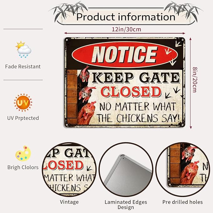 Vintage Metal Signs Chicken Coop Signs, Funny Chicken Gifts, Farm Tin Signs for Home Chicken Coop Farmhouse Kitchen Garden Decor, Keep Gate Closed 8 X 12 Inch
