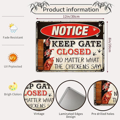 Vintage Metal Signs Chicken Coop Signs, Funny Chicken Gifts, Farm Tin Signs for Home Chicken Coop Farmhouse Kitchen Garden Decor, Keep Gate Closed 8 X 12 Inch