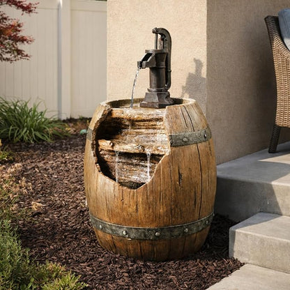 Teamson Home Vintage Barrel Waterfall Fountain with Pump for Outdoor Patio Garden Backyard Decking, 33 Inch Height, Wood | With Pump, Outdoor Patio Garden Backyard Decking, 33 Inch Height