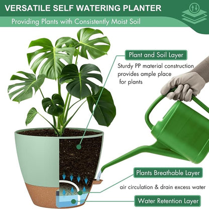 5-Pack Self Watering Pots for Indoor Plants, 10/9/8/7/6.5Inch PP Plastic Monstera Pot & Pothos Planter with Water Level Indicator, Spider Plant Pots Indoor, Self Watering Planters for Plants, Green