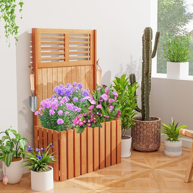 HAPPYGRILL Raised Garden Bed, Wooden Planter w/Trellis & Privacy Screen for Hanging Pot Plants, Outdoor Elevated Planter Box w/Slatted Bottom & 2 Side Hooks for Balcony Patio Garden (1)