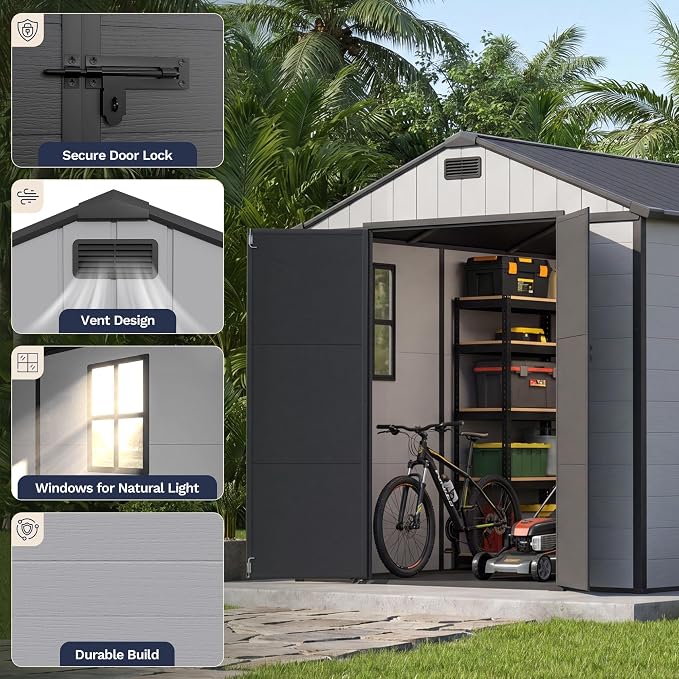 Greesum 8x8FT Resin Shed with Floor, All-Weather Resistance, Light Gray | All-Weather Protection (Rain/Snow/UV) | Sloped Leak-Proof Roof | Heavy-Duty Reinforced Base | Lockable & Well-Ventilated