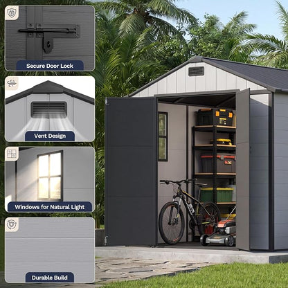 Greesum 8x8FT Resin Shed with Floor, All-Weather Resistance, Light Gray | All-Weather Protection (Rain/Snow/UV) | Sloped Leak-Proof Roof | Heavy-Duty Reinforced Base | Lockable & Well-Ventilated