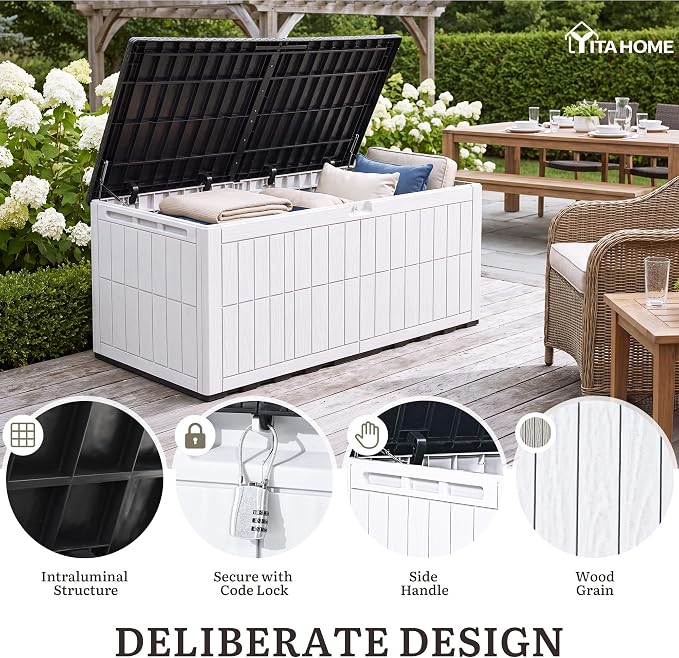 YITAHOME XXL 240 Gallon Extra Large Deck Box | Waterproof Resin Outdoor Storage Box w/Lock and 3-Person Bench Seating for Patio Furniture Cushions,Garden Tools & Pool