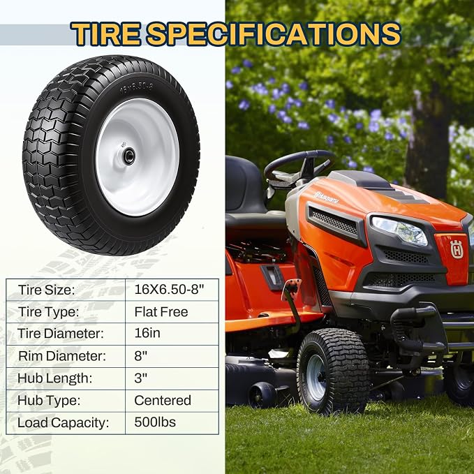 16x6.50-8 Flat Free Lawn Mower Tire and Wheel, 16x6.5-8 Solid Replacement Front Tires for Riding Mowers and Lawn Tractors, with 3/4" Bushings & 5/8" Bearings, 3" Centered Hub, 2 Pack