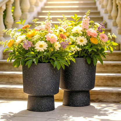 Autodaya 16.8" Black Terrazzo Pedestal Planters Set of 2 with Drainage Hole | Modern Plastic Flower Pots with Weather-Resistant Finish for Indoor or Outdoor Garden, Patio, Balcony, or Entryway Decor