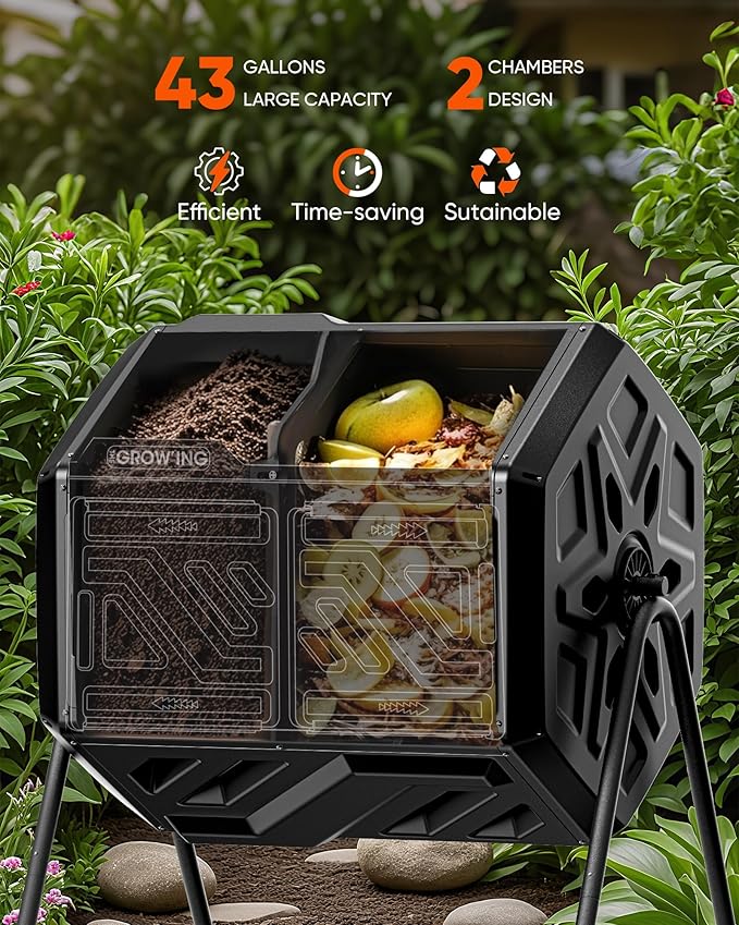 THE Growing 43 Gal Outdoor Compost Bin Tumbler for Backyard Garden, Black | Twin 21.5gal heat-absorbing chambers. Pre-embedded nuts for fast outdoor setup. Durable resin deters pests and bad odors.