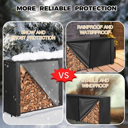 8Ft Firewood Rack Cover with Zipper & Adhesive Closing Strips, Heavy Duty Black 600D Polyester Oxford, Waterproof, Windproof, and Sun-Protective, Rack Not Included