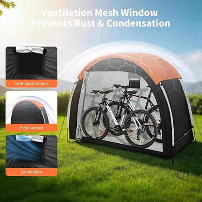 Bike Storage Tent with Rain Cover & Mesh Window, PU5000 Waterproof Bike Shed for 2 Bikes, Portable Outdoor Storage Shelter for Bicycle, Motorcycle, Lawn Mower, Garden Tools (6.6x2.6x5.6FT)