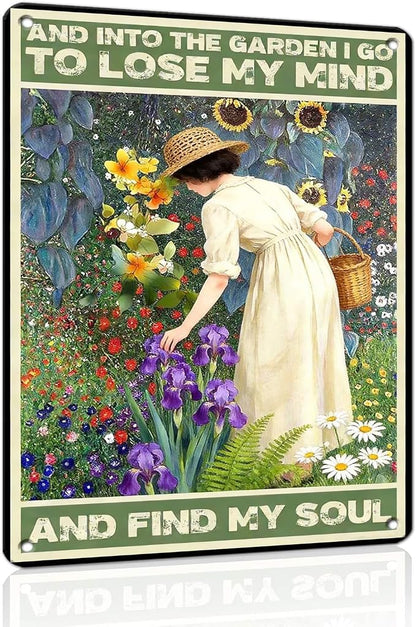 PEACHGARDEN Garden Signs and Into The Garden I Go Women's Gardening Gift Metal Sign Yard Wall Art Decor for Patio Porch Backyard 12x16 inch