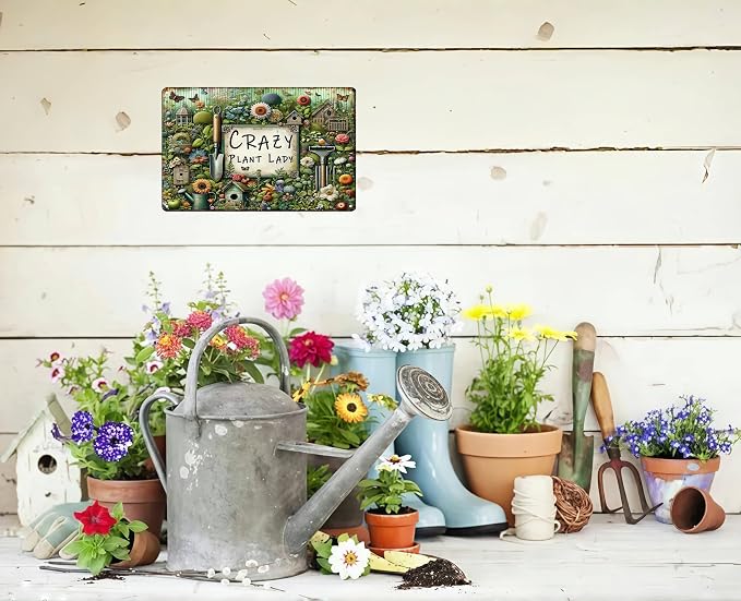 Bestylez Garden Gifts Vintage Gardening Signs Crazy Plant Lady Tin Sign for Home Garden Greenhouse Living Room Bedroom Yard Outdoor Decor 8X12 Inch (3359)