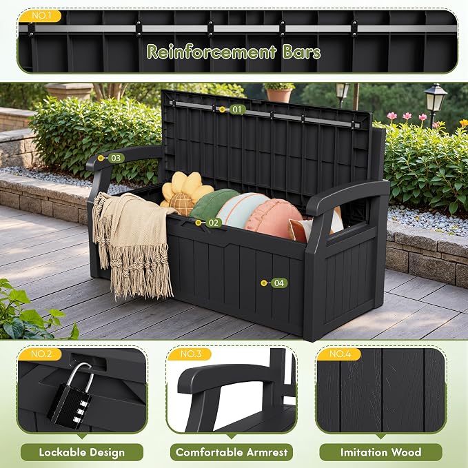 Greesum 80 Gallon Deck Box Storage Bench, Patio Furniture, Lockable, Waterproof and UV Resistant,with Armrest, Suitable for Garden, Porch, Poolside, Dark Black