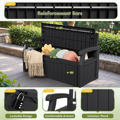Greesum 80 Gallon Deck Box Storage Bench, Patio Furniture, Lockable, Waterproof and UV Resistant,with Armrest, Suitable for Garden, Porch, Poolside, Dark Black