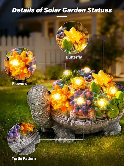 Guhope Solar Garden Statues, Outdoor Turtle Decor with Succulent and 8 LED Lights, Resin Outside Yard Figurine Decor for Garden, Yard, Lawn, Balcony, Porch, Gifts for Mom Grandma