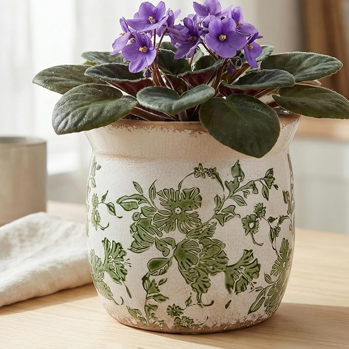 Xiaan Jiaju Vintage Farmhouse Ceramic Planter & Kitchen Utensil Holder - 6.21 Inch Tuscan Rustic Plant Pot with Drainage for Indoor/Outdoor Use, Garden & Home Decor, Unique Gift (Green Leaf)