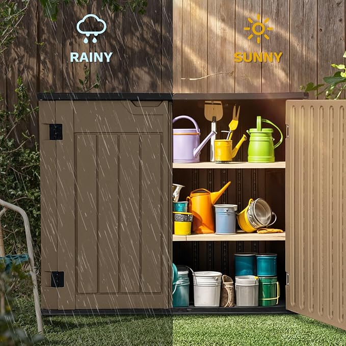 DWVO 35 Cuft Outdoor Horizontal Storage, Waterproof Resin Storage Shed with Floor and Multiple Accesses for Garden Tools, Easy Assembly, Brown (No Shelf Included)
