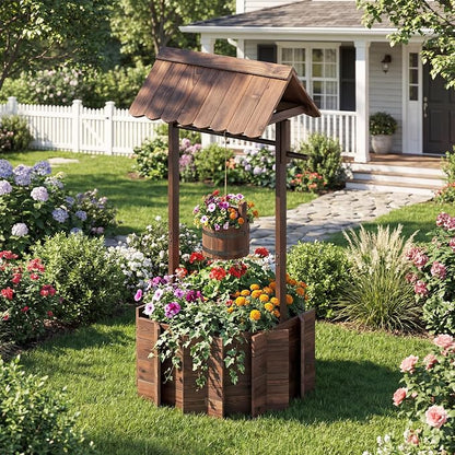 HAPPYGRILL Wooden Wishing Well Planter with Hanging Bucket, Flower Plants Planter, Outdoor Wishing Wells for Yard,Wishing Well Planters for Outside, Home Decor