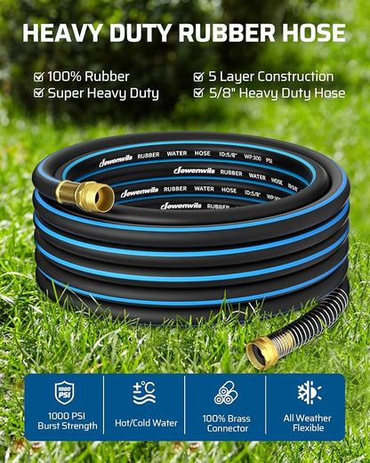 DEWENWILS 5/8" x 25FT Heavy Duty Garden Hose, 300psi Working & 1000psi Burst, Solid Brass 3/4" GHT Fittings, Hot/Cold Water, 5 Layer Construction, Rubber Water Hose for Yard, Garden, Lawn