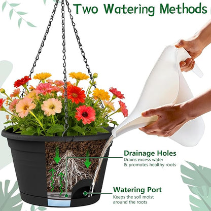 Nooulap 4 Pack Hanging Planters, 10 Inch Hanging Plant Pot with Hanger Chain & Drainage Trays, Hanging Baskets for Plants Outdoor Indoor, Flowers Pots for Home, Garden, Porch Decor (Black)