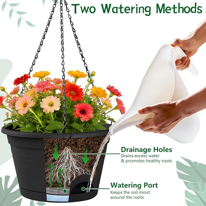 Nooulap 6 Pack Hanging Planters, 10 Inch Hanging Pots, Black | Plastic Hanging Plant Pot, Outdoor Indoor Use, with 40cm Chains and Drainage Trays, Hanging & Place Flower Pots