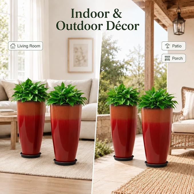 Neoaider Set of 2 Tall Planter, 21 inch Large Plastic Planter, Firey Red | Ceramic-Look, Lightweight, Built-in Drain Hole, Saucers, Tall Outdoor Planter for Porch, Garden, Patio, Balcony