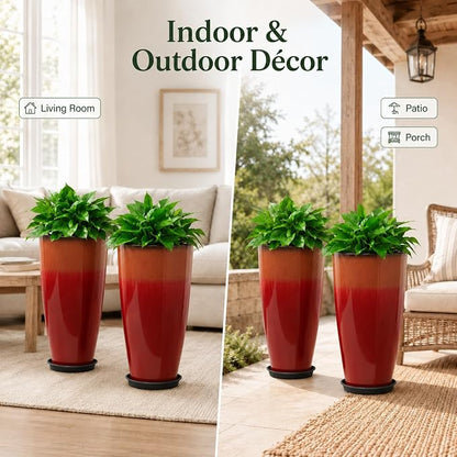 Neoaider Set of 2 Tall Planter, 21 inch Large Plastic Planter, Firey Red | Ceramic-Look, Lightweight, Built-in Drain Hole, Saucers, Tall Outdoor Planter for Porch, Garden, Patio, Balcony