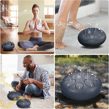 Rain Drum for Outside Garden, 6 Inches 8 Notes Steel Tongue Chakra Drums, Waterproof Echo Rain Chime Meditation Drums, Musical Instruments for Adult Gift with Bag, Music Book, Drum Mallets (Navy Blue)