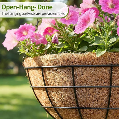 16 inch Hanging Baskets for Plants Outdoor, 4 Pack Large Hanging Planters for Outdoor Plants, Round Wire Hanging Flower Pots with Coconut Coir Liners for Garden, Deck, Porch, Balcony