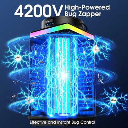 Bug Zapper Outdoor, 4-in-1 4200V Electric Mosquito Zapper, Rechargeable Bug Zapper Cordless Fly Zapper with 5000mAH Battery, Waterproof IP67, Wireless & Portable Insect Zapper for Patio Camping