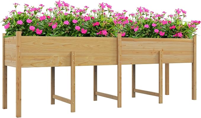 Outsunny Wooden Raised Garden Bed with Legs, Large Elevated Planter Box with Bed Liner and Drain Holes for Vegetables Flowers Herbs, Outdoor and Indoor, 7.4' x 1.8' x 2.6', Natural Wood