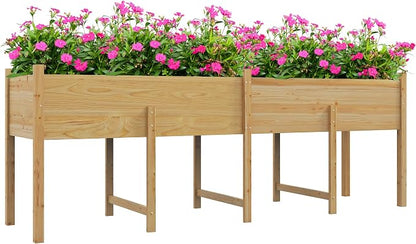 Outsunny Wooden Raised Garden Bed with Legs, Large Elevated Planter Box with Bed Liner and Drain Holes for Vegetables Flowers Herbs, Outdoor and Indoor, 7.4' x 1.8' x 2.6', Natural Wood