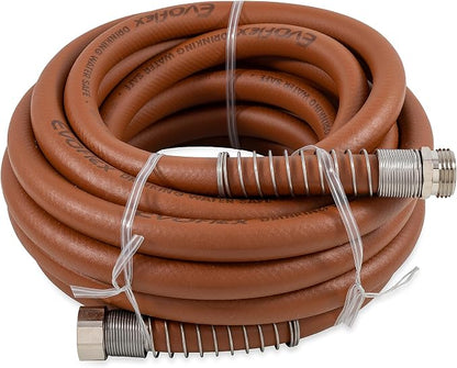 Camco EvoFlex 25-Ft Water Hose - RV Drinking Water Hose Contains No Lead, No BPA & No Phthalate - Flexible Design w/Stainless Steel Strain Relief Ends - 5/8” Inside Diameter, Brick (22583)