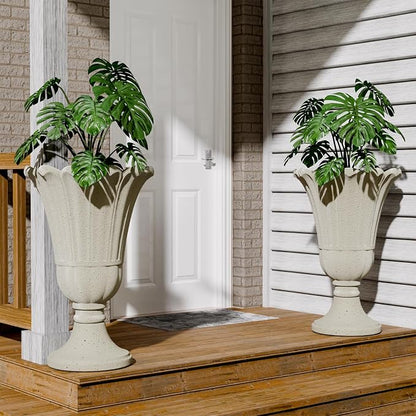 23.6" Tall Plastic Urn Planters for Outdoor Plants, Set of 2 Heavy-Duty Classic Indoor Large Flower Pots with Drainage Holes & Petal Design, Outdoor Planters for Porch, Home Garden, White