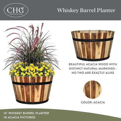 16" Whiskey Barrel Planter, Acacia | Stylish Flower Plant Pots, Indoor & Outdoor Planter, Weather-Resistant, Great for Patio, Home & Garden Decor Accent
