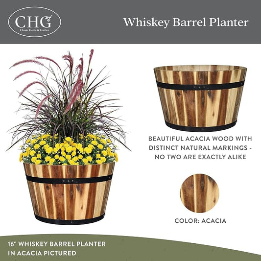 16" Whiskey Barrel Planter, Acacia | Stylish Flower Plant Pots, Indoor & Outdoor Planter, Weather-Resistant, Great for Patio, Home & Garden Decor Accent