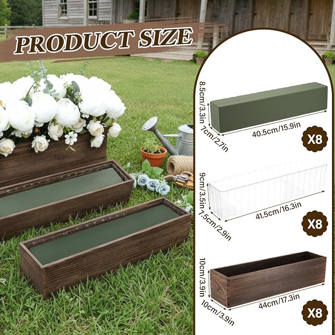 Sintuff 8 Set Rectangle Wooden Planters, 17 x 4 Inch Wood Boxes with Removable Plastic Liner & Floral Foam Blocks, Rustic Wood Planter for DIY Centerpieces Home Wedding Garden Bookshelf Decor(Brown)