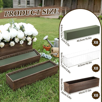 Sintuff 8 Set Rectangle Wooden Planters, 17 x 4 Inch Wood Boxes with Removable Plastic Liner & Floral Foam Blocks, Rustic Wood Planter for DIY Centerpieces Home Wedding Garden Bookshelf Decor(Brown)