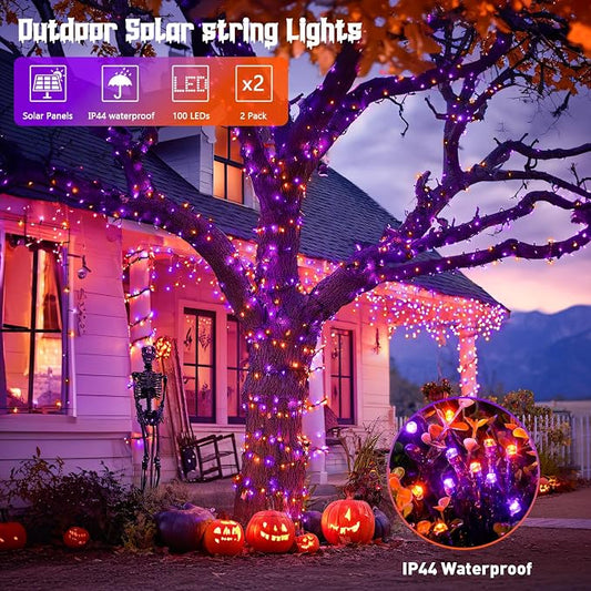 JMEXSUSS 2 Pack Solar Halloween Lights Orange and Purple, Total 200LED 66FT | Halloween Lights Outdoor Waterproof, 8 Modes Solar String Lights for Outside Patio Christmas Tree Yard Halloween Decor