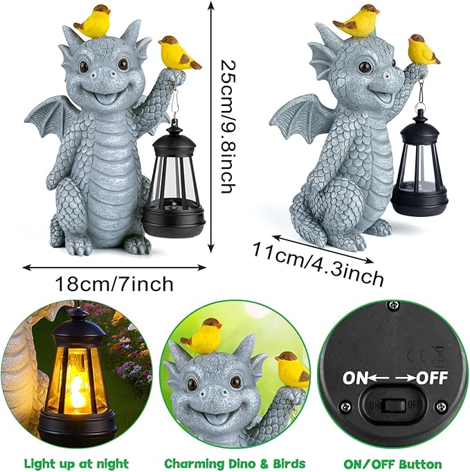 Solar Dragon Garden Statue with Lantern and Birds – Resin Dinosaur Figurine with LED Light for Yard, Outdoor Decor, Gifts for Mom, Women (Dragon)