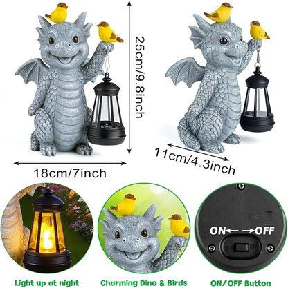 Solar Dragon Garden Statue with Lantern and Birds – Resin Dinosaur Figurine with LED Light for Yard, Outdoor Decor, Gifts for Mom, Women (Dragon)