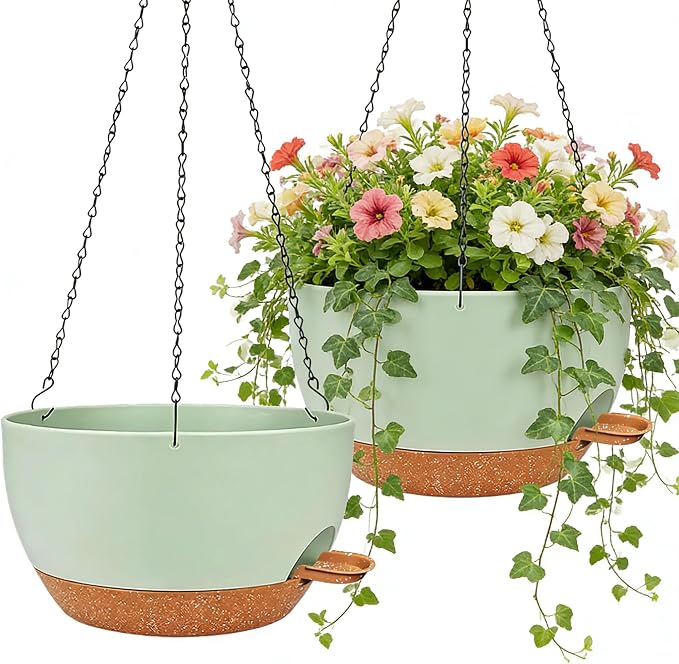 12" Self Watering Hanging Planters with Chains, Green Brown，2 Pack | Plastic hanging baskets with 43 Oz removable reservoir, for indoor outdoor plants, patio porch garden balcony decor