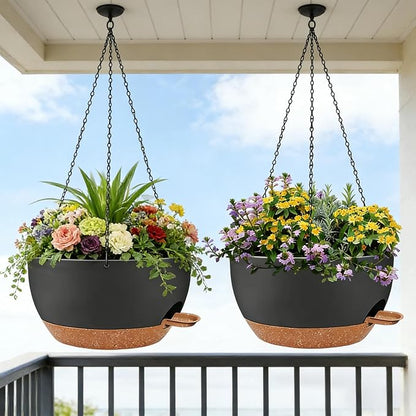 12" Self Watering Hanging Planters with Chains, Black Brown，2 Pack | 43 Oz removable self-watering reservoir, for indoor/outdoor plants, patio & garden