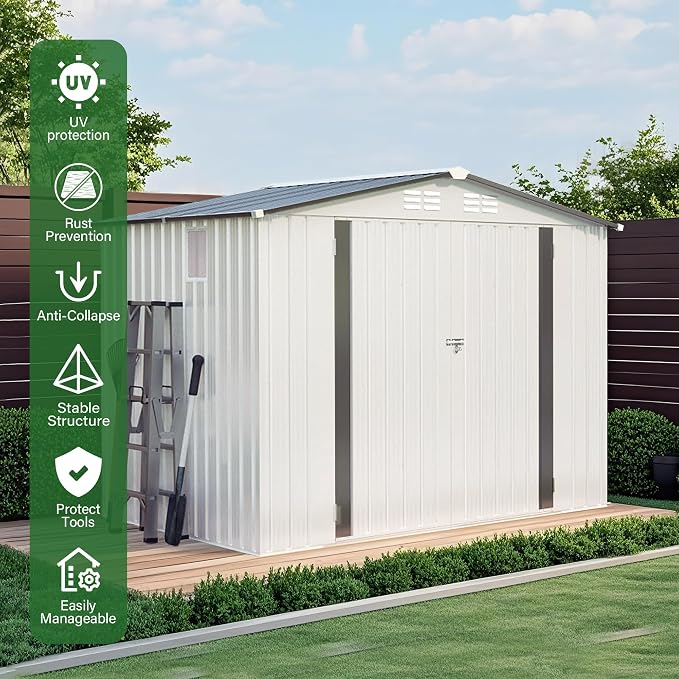 YOPTO Sheds & Outdoor Storage 6X8 FT,Metal Waterproof Tool Sheds with Side Window and Lockable Door,Backyard Buildings House W/Pitched Roof & Vents,for Garden,Lawn,Garbage Enclosure,White+Gray
