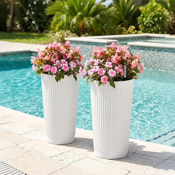 TUYOHW Set of 2 Large Round Tall Planter for Indoor or Outdoor 24" Flower Pots for Porch, Patio, Backyard, Large Planters for Outdoor Indoor Plants