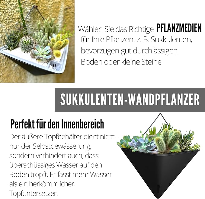 LaLaGreen Wall Planter for Indoor (12in, 4 Pack) Large Self Watering Plants | Black Geometric Hanging Flower Vase Vessel with Metal Hanger, Modern Stylish Wall Mounted Succulent Pot Holder Decor