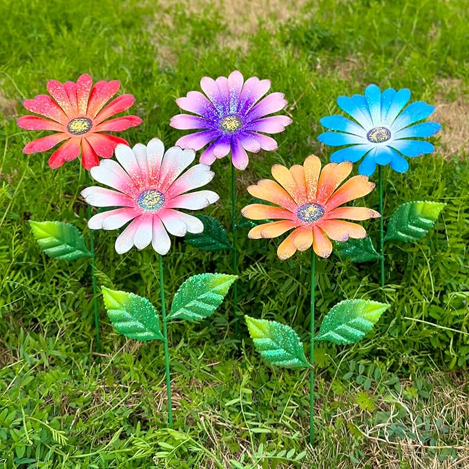 5Pack Metal Flowers for Outside，16.5 Inch Metal Flowers Decorative Garden Stakes for Spring Decor, Shaking Head Yard Art Garden Decorations for Outdoor Lawn Porch Pathway