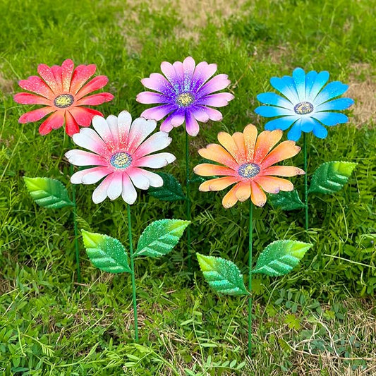 5Pack Metal Flowers for Outside，16.5 Inch Metal Flowers Decorative Garden Stakes for Spring Decor, Shaking Head Yard Art Garden Decorations for Outdoor Lawn Porch Pathway