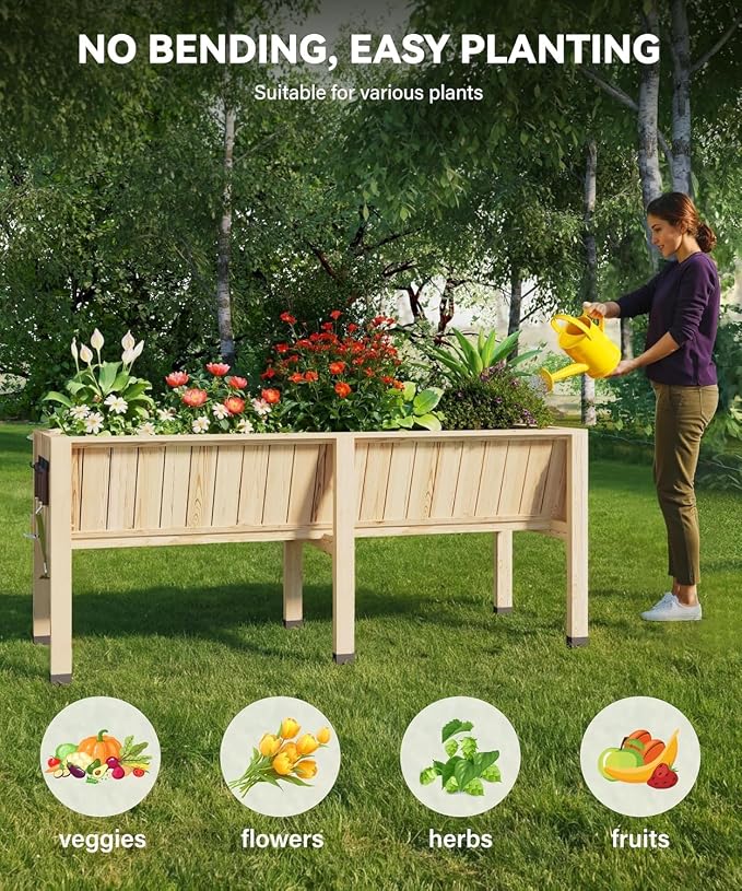 KYBOLT 45x23x30 Inch Raised Garden Bed with Legs, 13.7In Depth Wooden Planter Box for Outdoor Growing Vegetables and Herbs, Elevated Garden Bed with Hooks for Backyard, Patio, Balcony