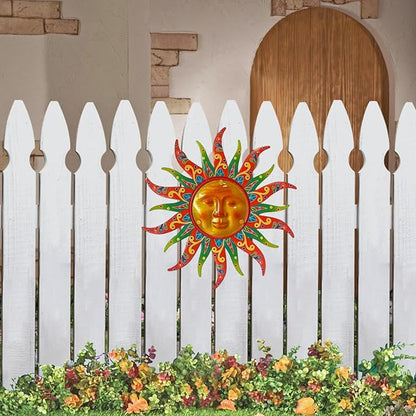 16 Inch Colorful Sun Face Metal Wall Decor, Indoor Outdoor Hanging Art for Farmhouse Patio Yard Bedroom